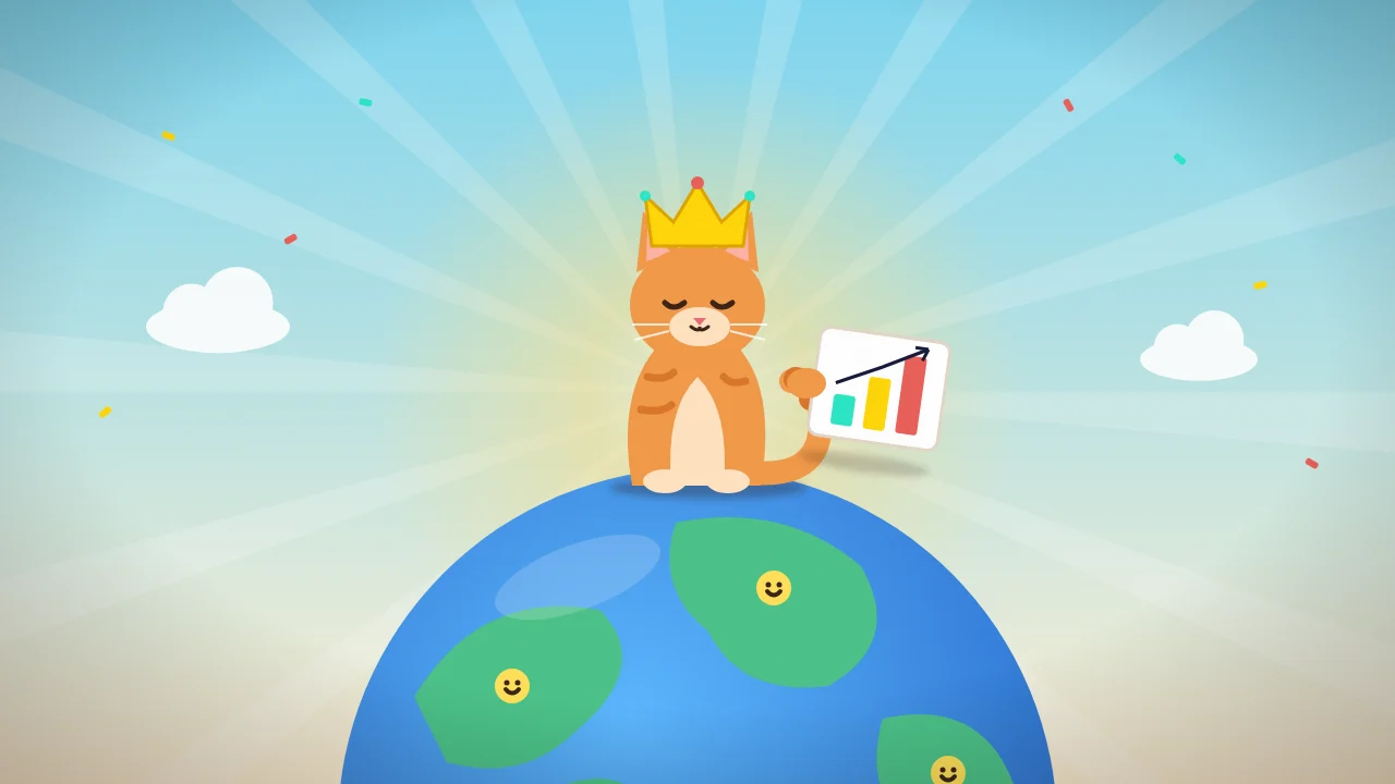 Cartoon: a smug cat with a crown sitting on a globe of happy countries