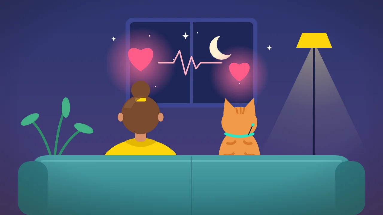 Cartoon: a cat and its owner on a sofa with matching glowing heart meters