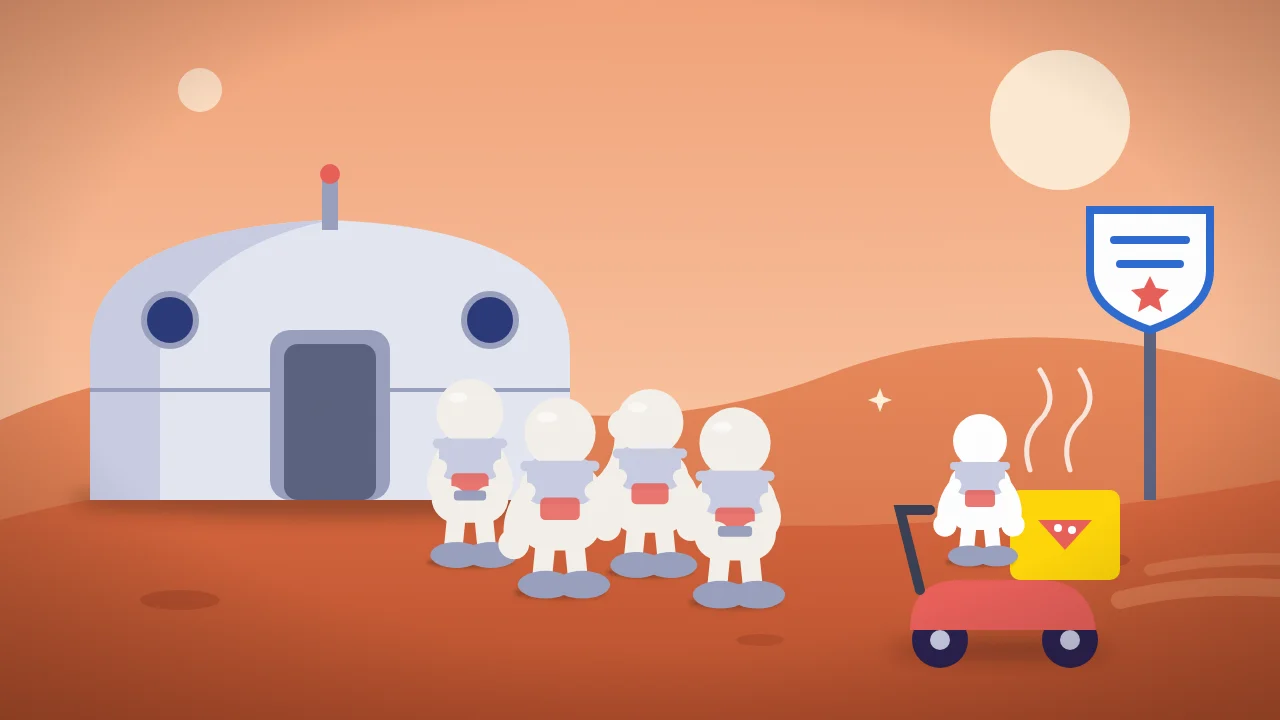 Cartoon: four astronauts on a fake Mars waiting at the door for a pizza delivery