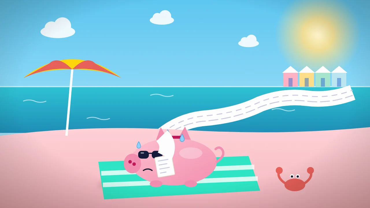 Cartoon: a piggy bank on a pink beach reading a very long receipt