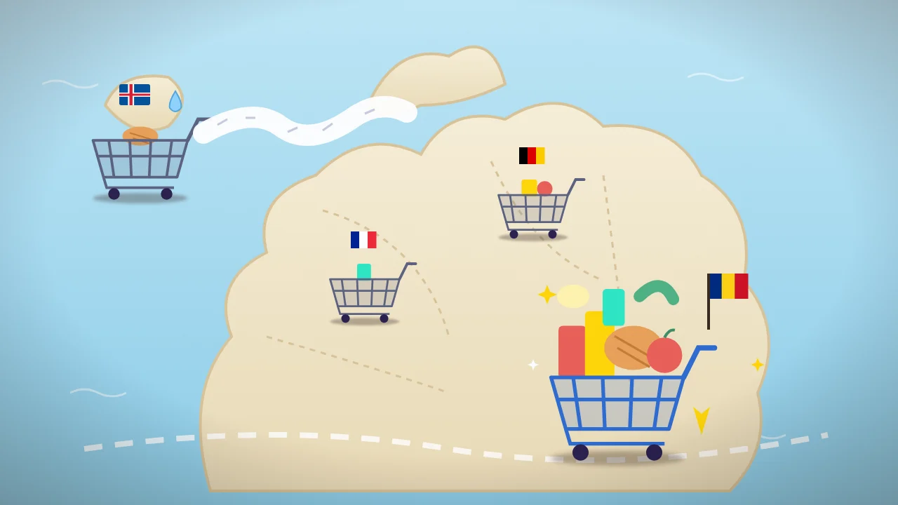 Cartoon: shopping trolleys racing across a map of Europe, the Romanian one full, the Icelandic one with one loaf