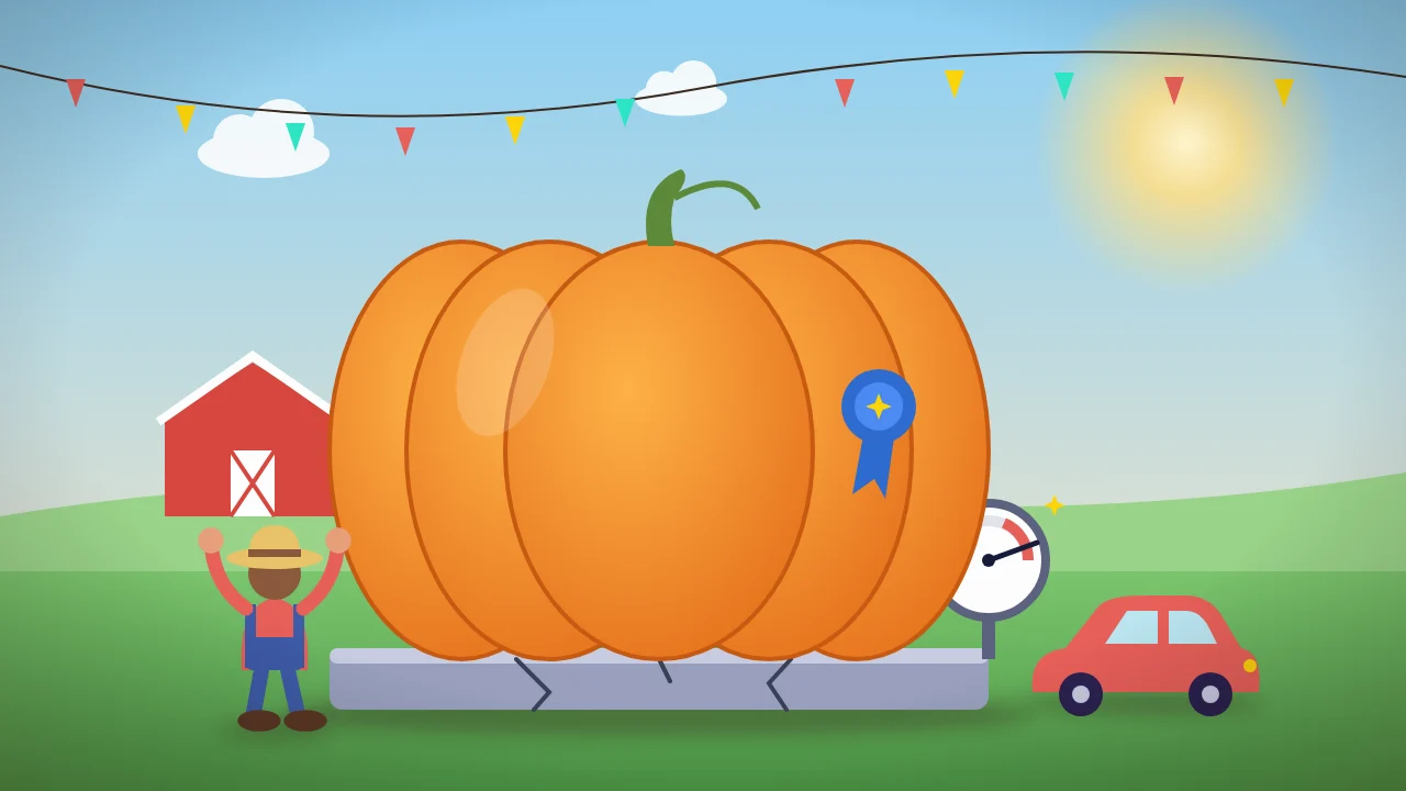 Cartoon: a gigantic pumpkin cracks a bathroom scale next to a smaller car