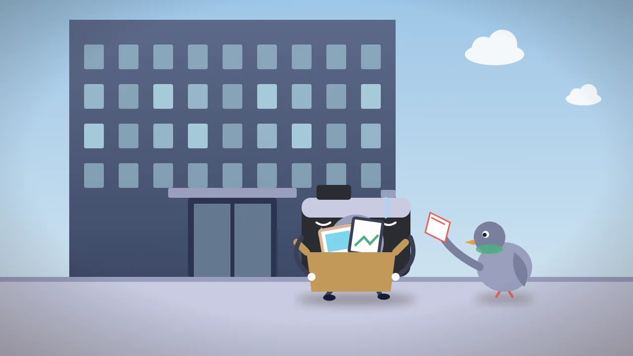 Cartoon: an old camera carrying a box of photos out of an office, comforted by a pigeon