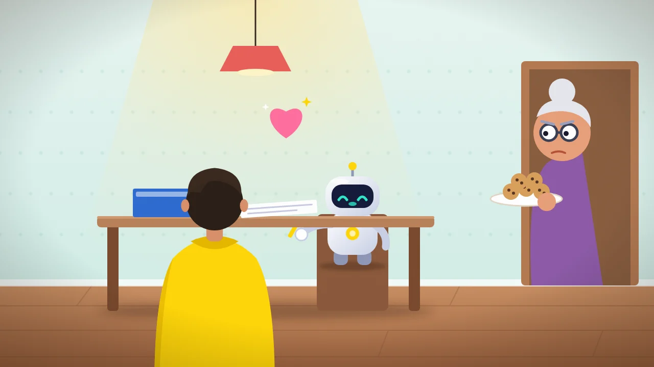 Cartoon: a little robot doing homework with a child while grandma peeks in
