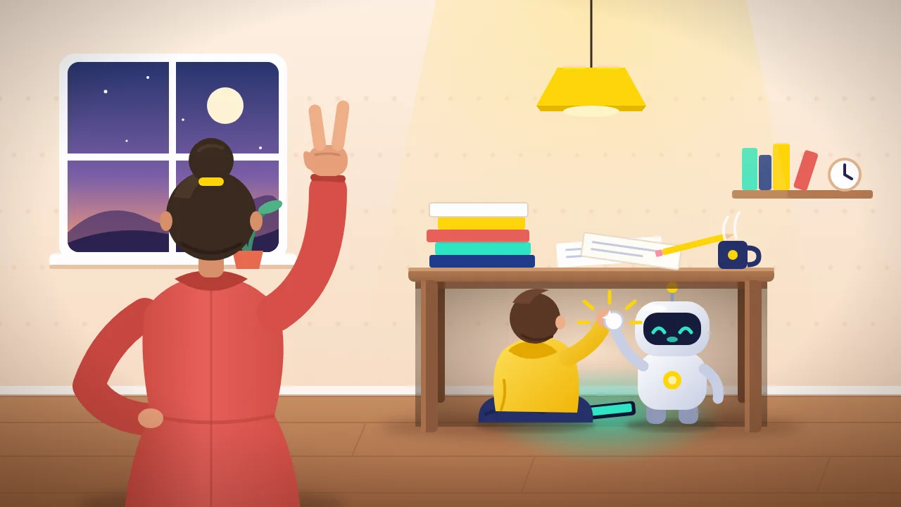 Cartoon: a mum guesses low while a child and a little robot secretly high-five