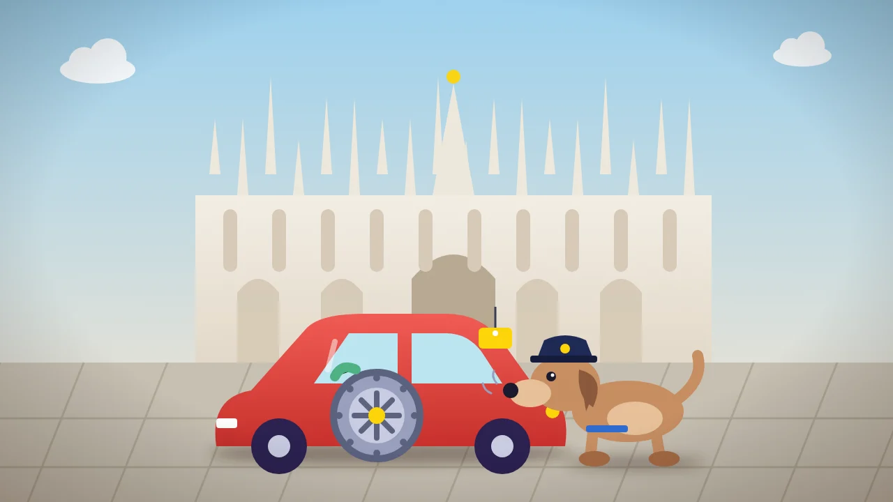 Cartoon: a rental car with a bank vault door, sniffed by a police dog in Milan