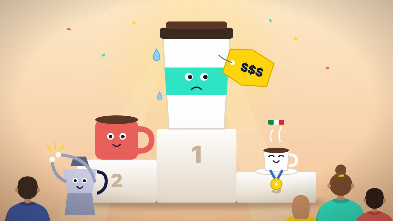 Cartoon: three coffee cups on a podium, the big takeaway cup sweating under its price tag