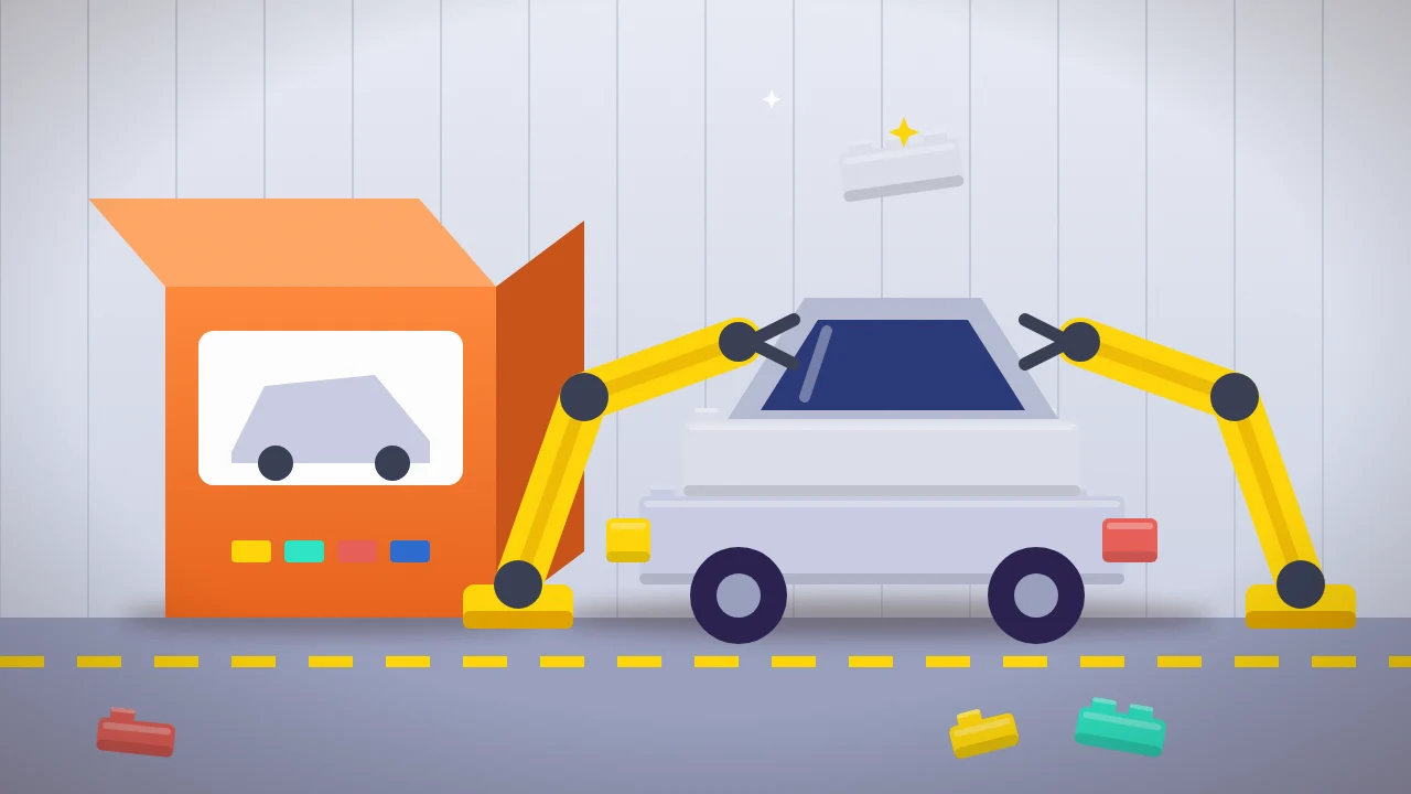 Cartoon: a robotaxi built from giant toy bricks by little robot arms