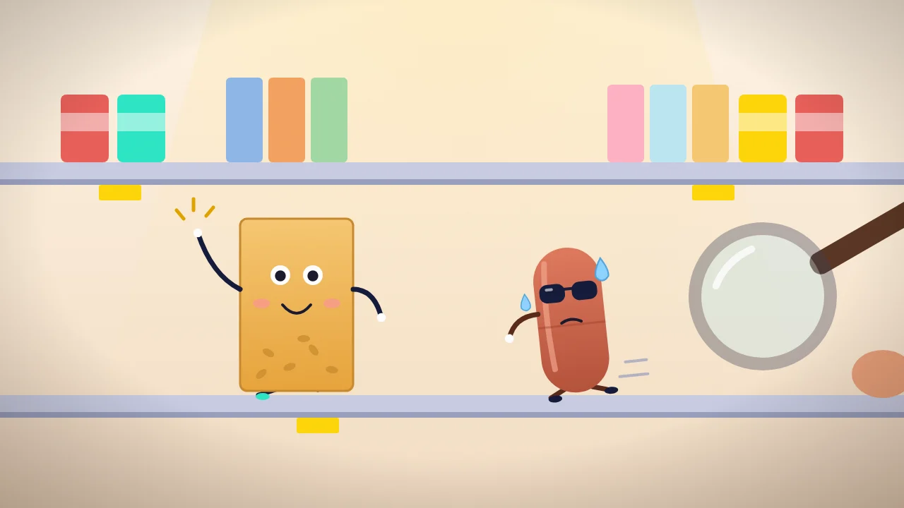 Cartoon: a happy wholegrain cereal box and a nervous sausage under a magnifying glass